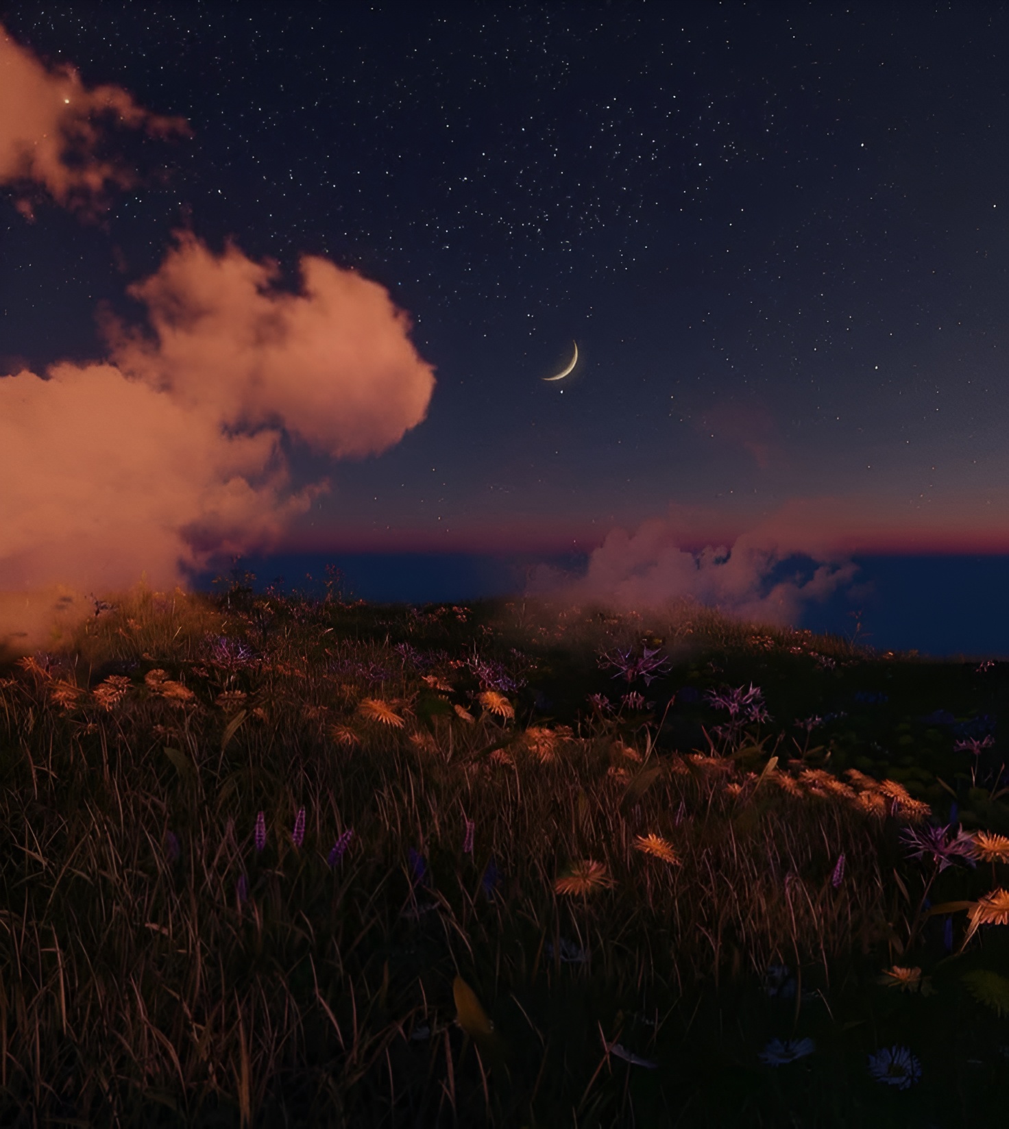 Lone silhouette in a meadow under a day-night transitioning sky